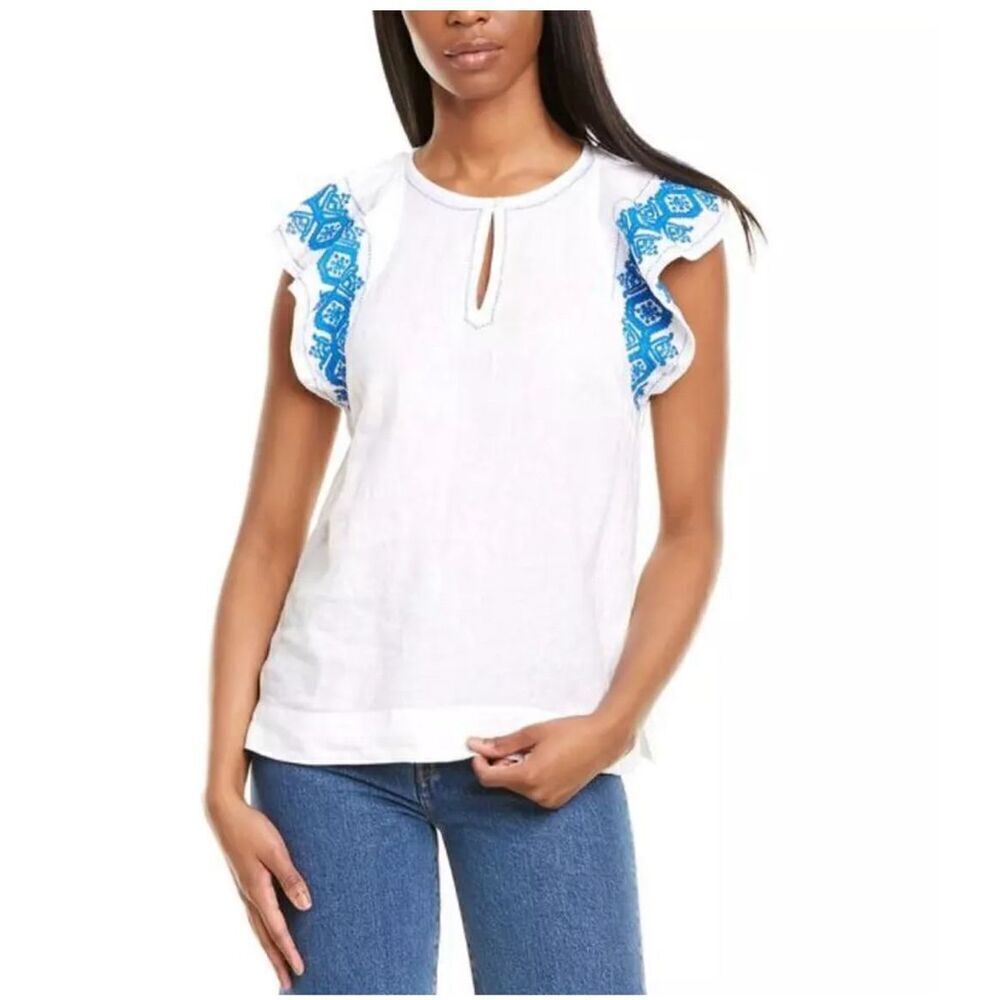 J. Crew White Blue Floral Embroidered 100% Linen Flutter Sleeve Blouse Top Sz S